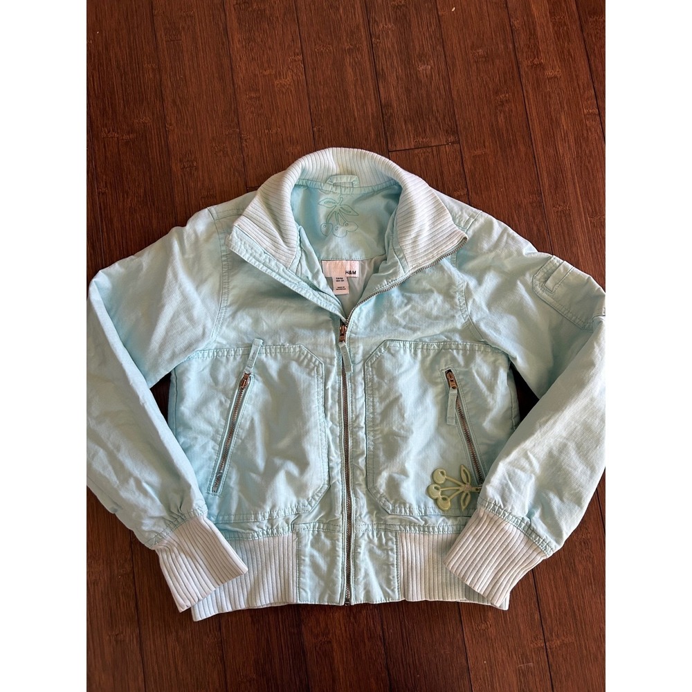 Y2K H&M Girls Light Blue Cherry Bomber Jacket Size 11-12Y Full Zip Ribbed Trim